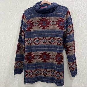 Aztec Pattern Women’s Sweater‎ cowl neck blue, red, grey Juniors XL